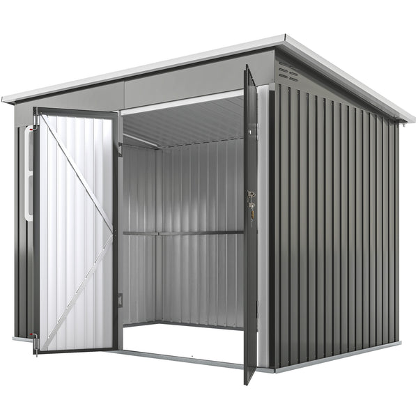Galvanized steel garden shed with window, wide lockable doors and ventilation, grey