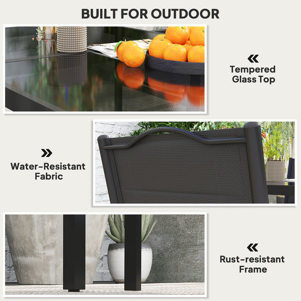 5-Piece Outdoor Dining Set with 4 Stackable Chairs, Rectangular Table, Tempered Glass Top, Steel Frame, Black