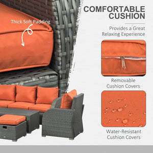 Patio Furniture with Cushions, 6 Pieces PE Wicker Patio Sectional Furniture Conversation Set w/ a Three-Seat Sofa, 2 Recliner Chairs, 2 Footstools & Table, Orange