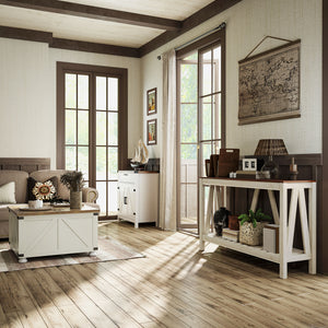 Farmhouse style coffee table with hinged lids, antique white