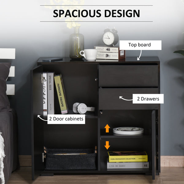 Glossy lacquered sideboard with 2 drawers, 2 doors and an adjustable shelf, push-to-open, black