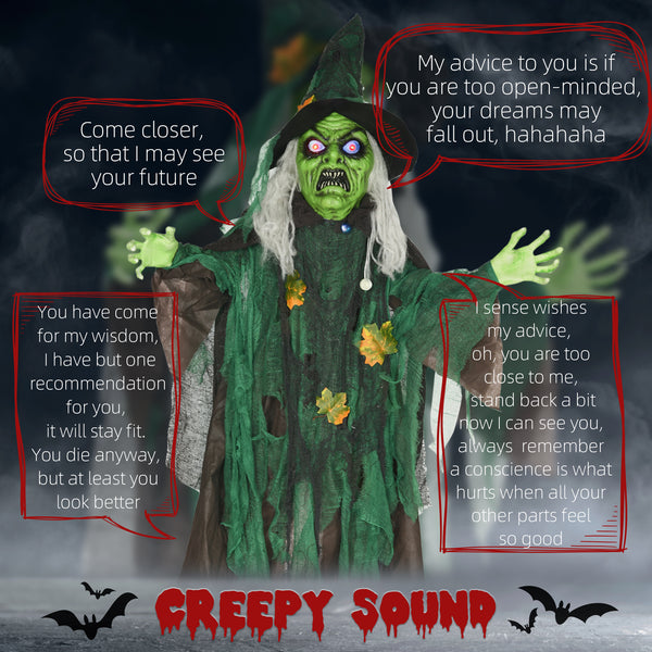 6ft Life Size Halloween Decoration, Animated Witch with Sound and Motion Activated, Light-Up Eyes, Spooky Sound