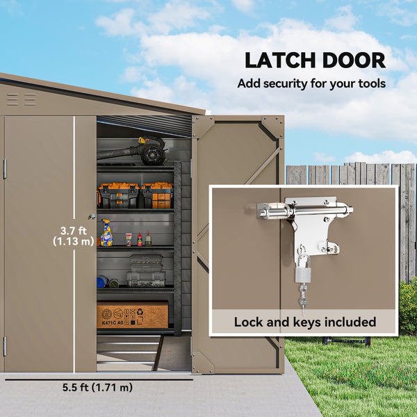 Lean-to steel garden shed with foundation kit, lockable doors, brown