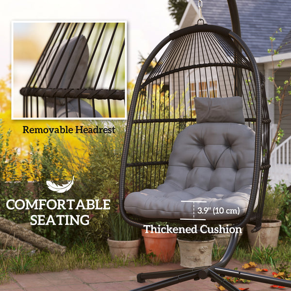 Wicker swing chair with stand, foldable and hanging, UV-resistant cushion and headrest, dark grey
