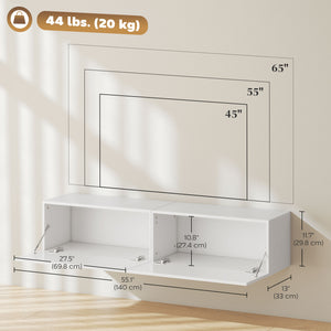 Wall-mounted TV cabinet with storage for TVs up to 65 inches, white