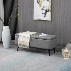 Linen Upholstered Storage Pouf with Steel Legs, Grey