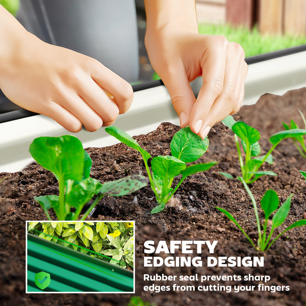 Raised outdoor planter made of galvanized steel with metal support, green