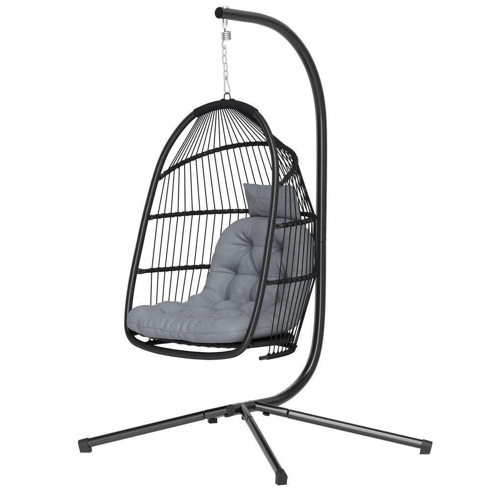 Wicker swing chair with stand, foldable and hanging, UV-resistant cushion and headrest, dark grey