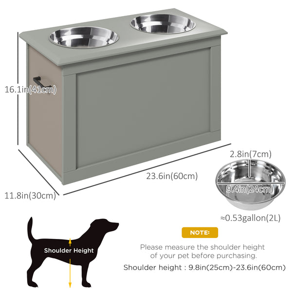 Raised Large Dog Bowls with Storage, 2 Stainless Steel Bowls, Grey