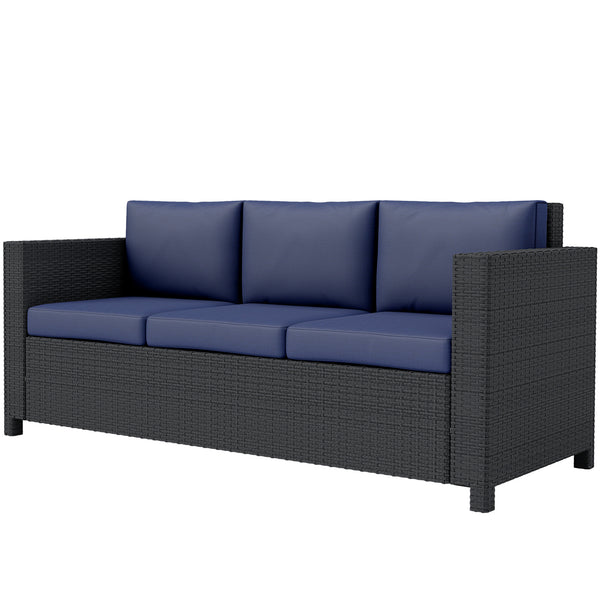 3 Seater Rattan and Wicker Sofa, Outdoor Garden Furniture with Cushion, Navy Blue