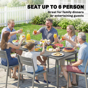 Outdoor dining table for 6 people, made of metal with a slatted top.