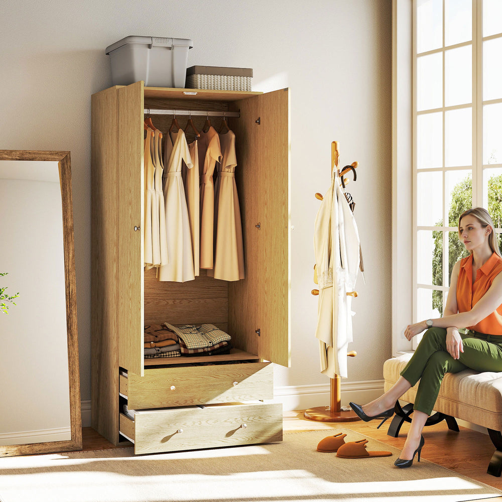 Modern wardrobe with 2 drawers and hanging rod, natural wood