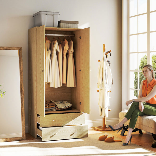Modern wardrobe with 2 drawers and hanging rod, natural wood
