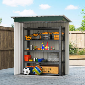 Garden shed with sliding door and sloping roof, steel frame, green