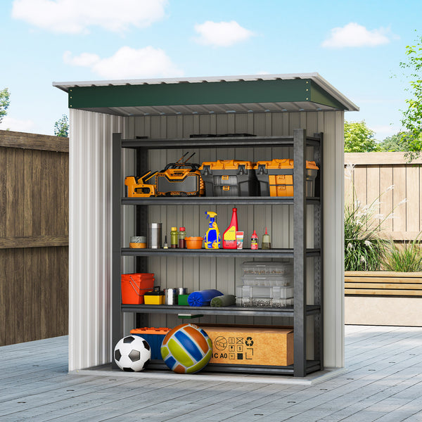 Garden shed with sliding door and sloping roof, steel frame, green