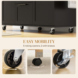 Kitchen trolley on wheels with flap, 3 drawers, solid wood top and towel rail, black