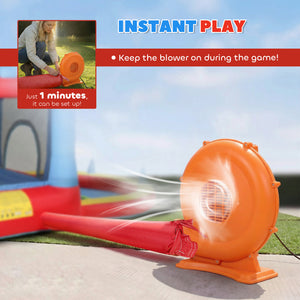 Château gonflable pour enfants avec toboggan, piscine à balles, panier de basket et souffleur pour une utilisation intérieure et extérieure.