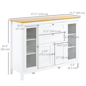 Sideboard with 2 drawers, 3 cupboards, glass doors and adjustable shelves, white