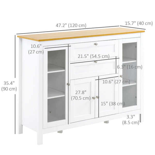 Sideboard with 2 drawers, 3 cupboards, glass doors and adjustable shelves, white
