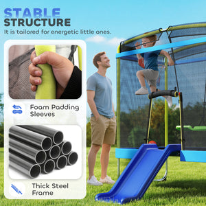 Trampoline with slide, swing, basketball hoop and safety net, light blue 