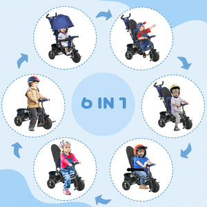 6 in 1 Toddler Tricycle for 1-5 Years Old with Parent Handle, Dark Blue