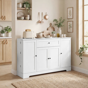 Modern kitchen storage cabinet with drawer, adjustable shelves with door supports, white