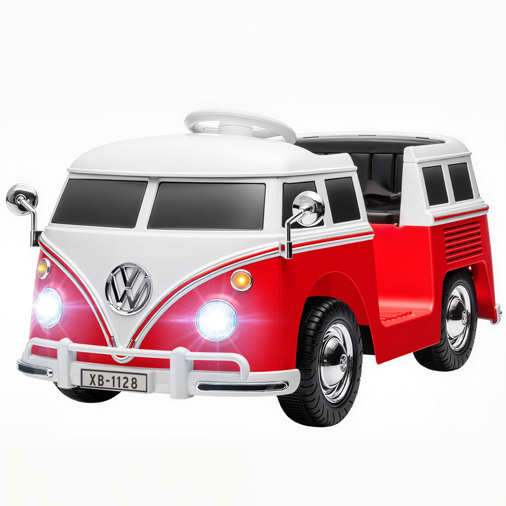 12V electric car, licensed Volkswagen T1, with dual motor and soft start, for ages 3-7, red.