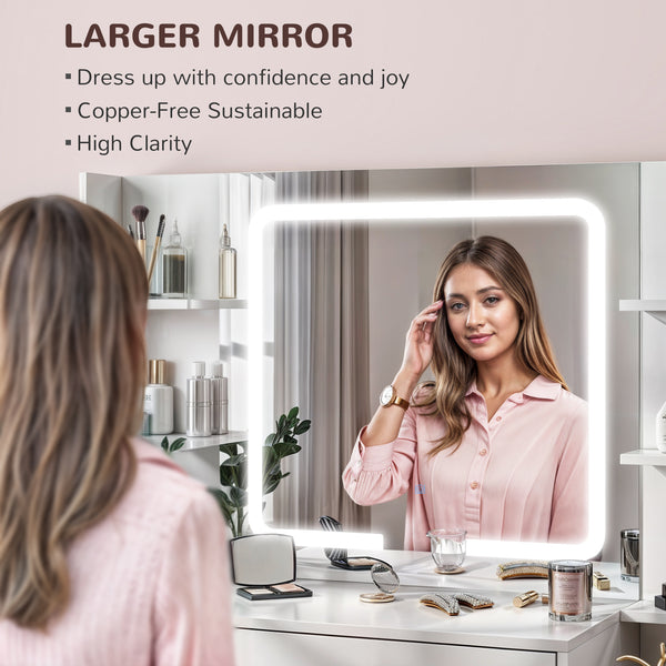 Dressing table with mirror and lighting, 7 drawers and 8 shelves, white