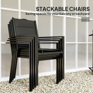 5-Piece Outdoor Dining Set with 4 Stackable Chairs, Rectangular Table, Tempered Glass Top, Steel Frame, Black