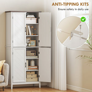 Modern farmhouse kitchen storage cabinet with 4 chevron doors and 4 adjustable shelves, white.