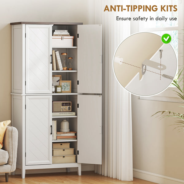 Modern farmhouse kitchen storage cabinet with 4 chevron doors and 4 adjustable shelves, white.
