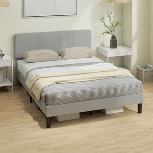 Queen size bed frame with adjustable upholstered headboard, wooden slatted base, quiet, light grey