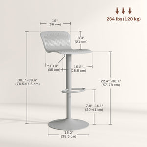 Set of 2 swivel bar stools in polypropylene, adjustable height, footrest and backrest, gray
