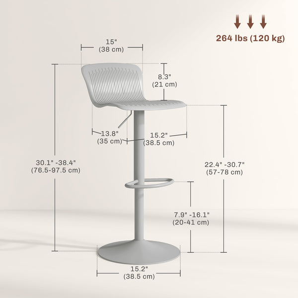 Set of 2 swivel bar stools in polypropylene, adjustable height, footrest and backrest, gray