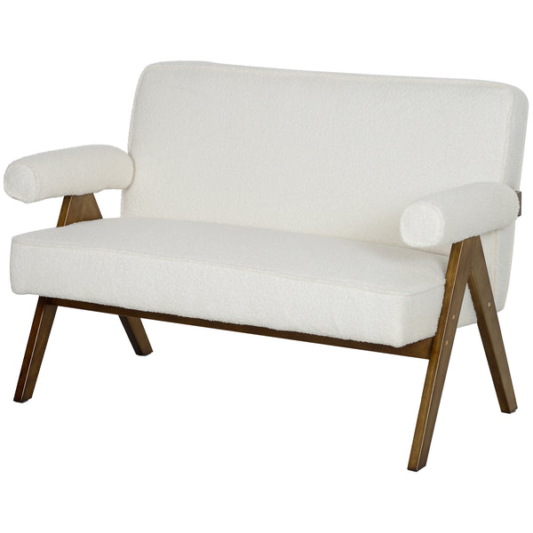 2 seater sofa in Boucle fabric with thick padding and wooden legs, cream white