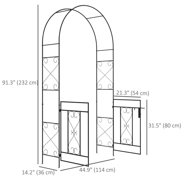 Metal garden arch with gate, trellis for climbing plants, black