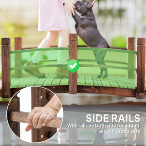 Wooden garden bridge with decorative side railings, stained wood
