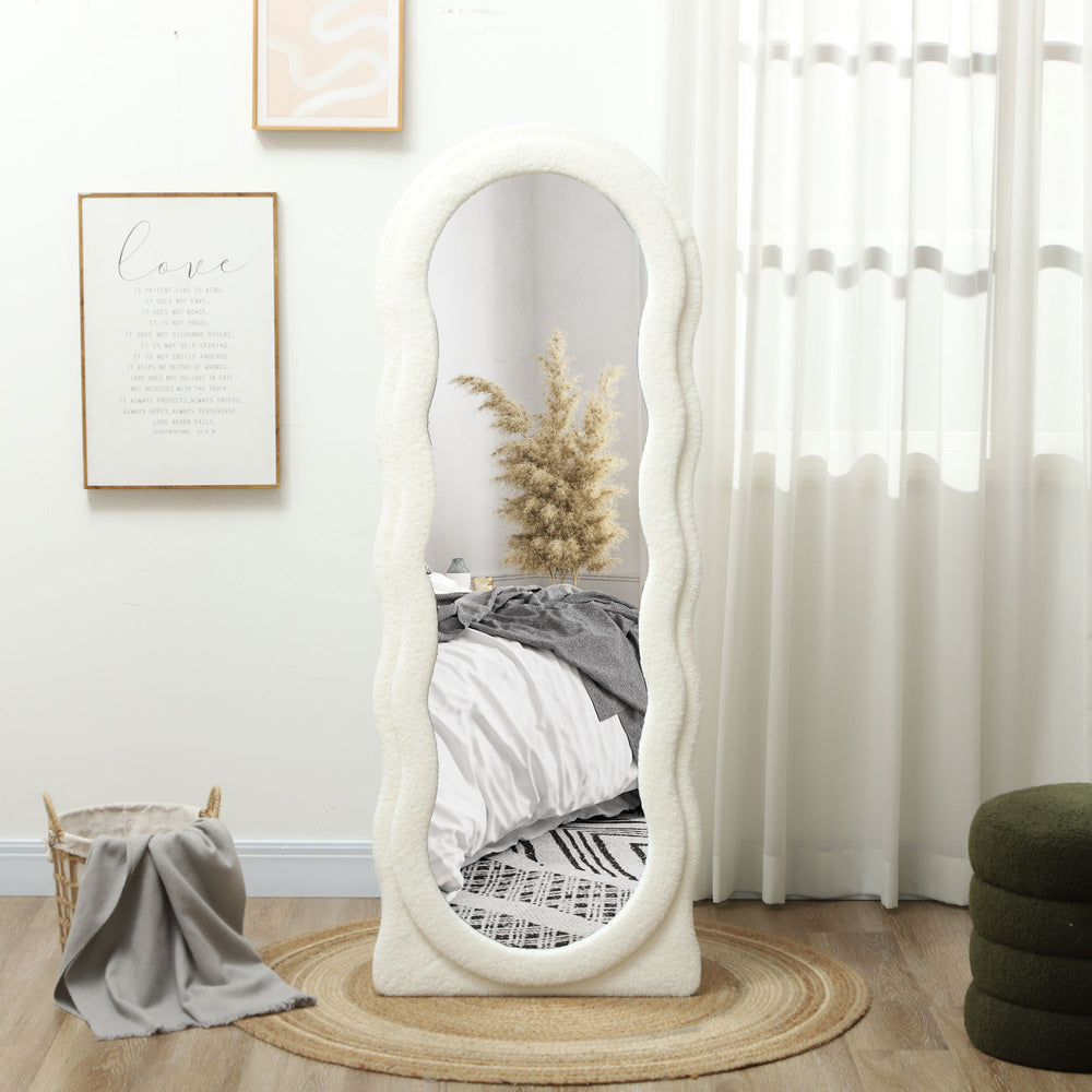 Full length standing mirror with frame and arched top, white