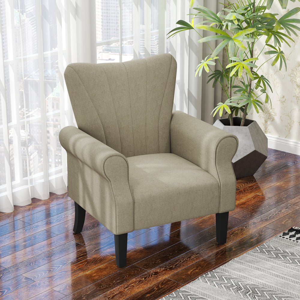 Fabric accent chair with wooden legs, beige