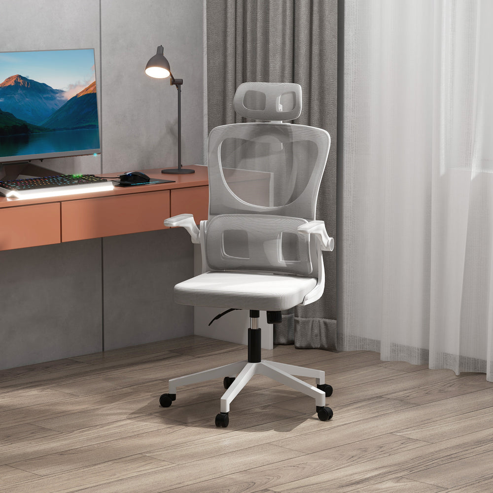Mesh Ergonomic Office Chair with Adjustable Headrest, 4D Lumbar Support, Flip-Up Armrests, Grey