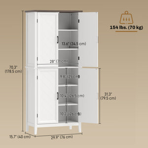 Modern farmhouse kitchen storage cabinet with 4 chevron doors and 4 adjustable shelves, white.