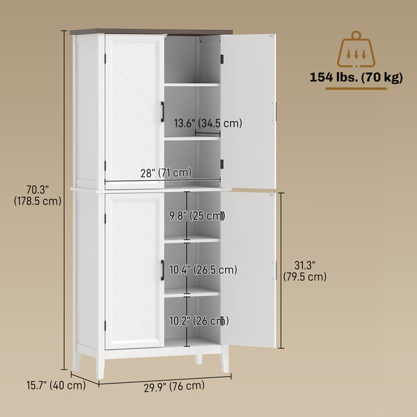 Modern farmhouse kitchen storage cabinet with 4 chevron doors and 4 adjustable shelves, white.