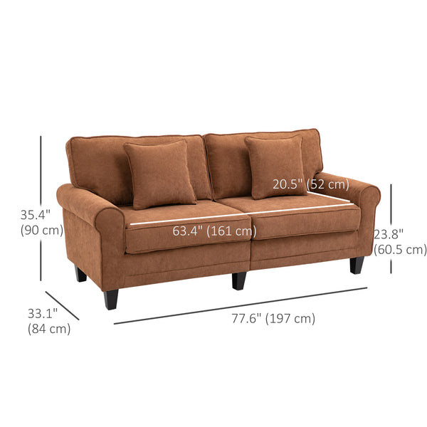 Modern 3-seater sofa in corduroy fabric with rolled arms, brown