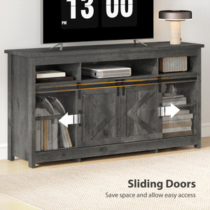 TV cabinet with power outlets, sliding doors and adjustable shelves, dark grey