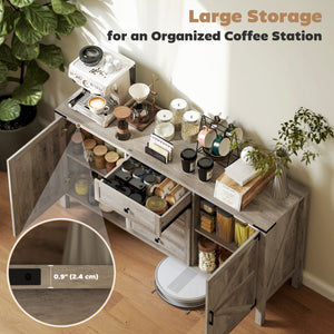 Country style sideboard with thick top, 2 barn doors, 4 drawers and 2 adjustable shelves, gray