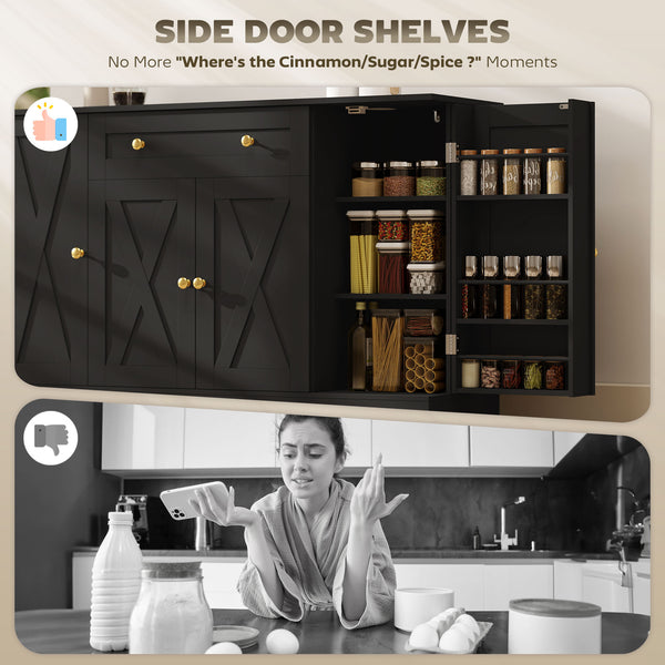 Farmhouse style coffee sideboard with doors, adjustable shelves, drawer, barn style sliding doors, black