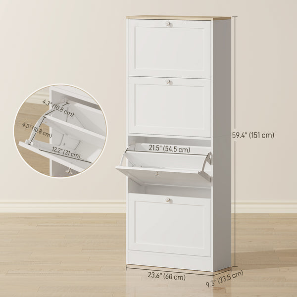 Modern shoe cabinet with 4 hinged drawers and adjustable shelves, for 18 to 24 pairs of shoes, white