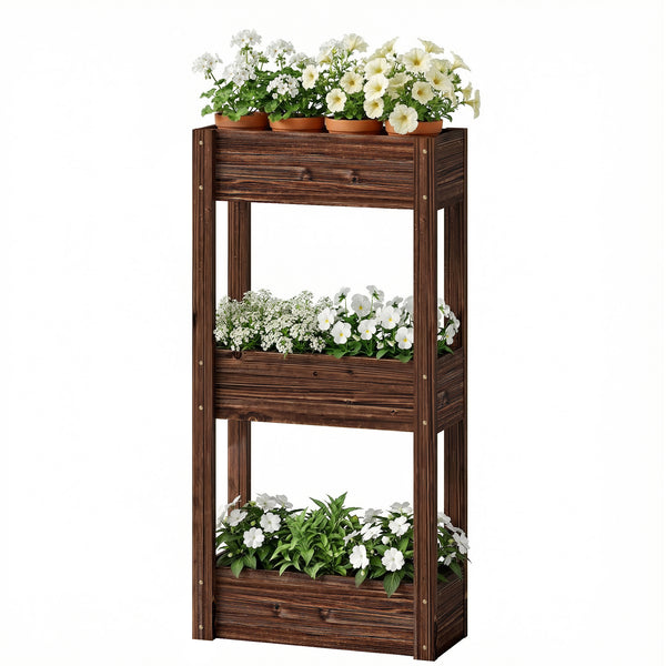 3-tier wooden raised garden bed with legs, drainage holes, and bed liner.