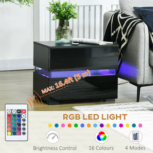 Modern Bedside Table with 2 Drawers and USB Powered RGB LED Lighting, Black.