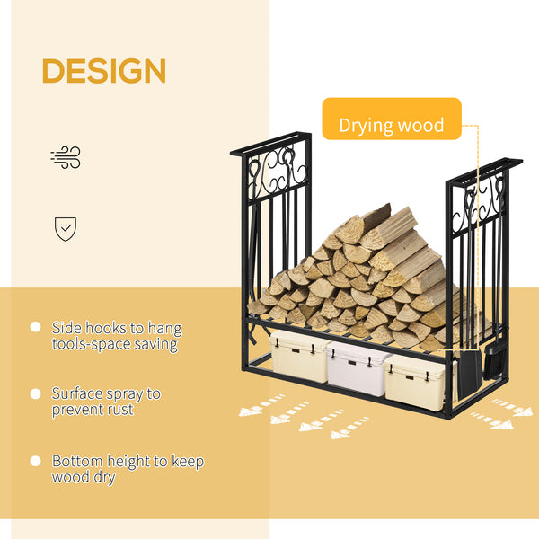 Firewood rack with 4 fireplace tools and raised base – Black